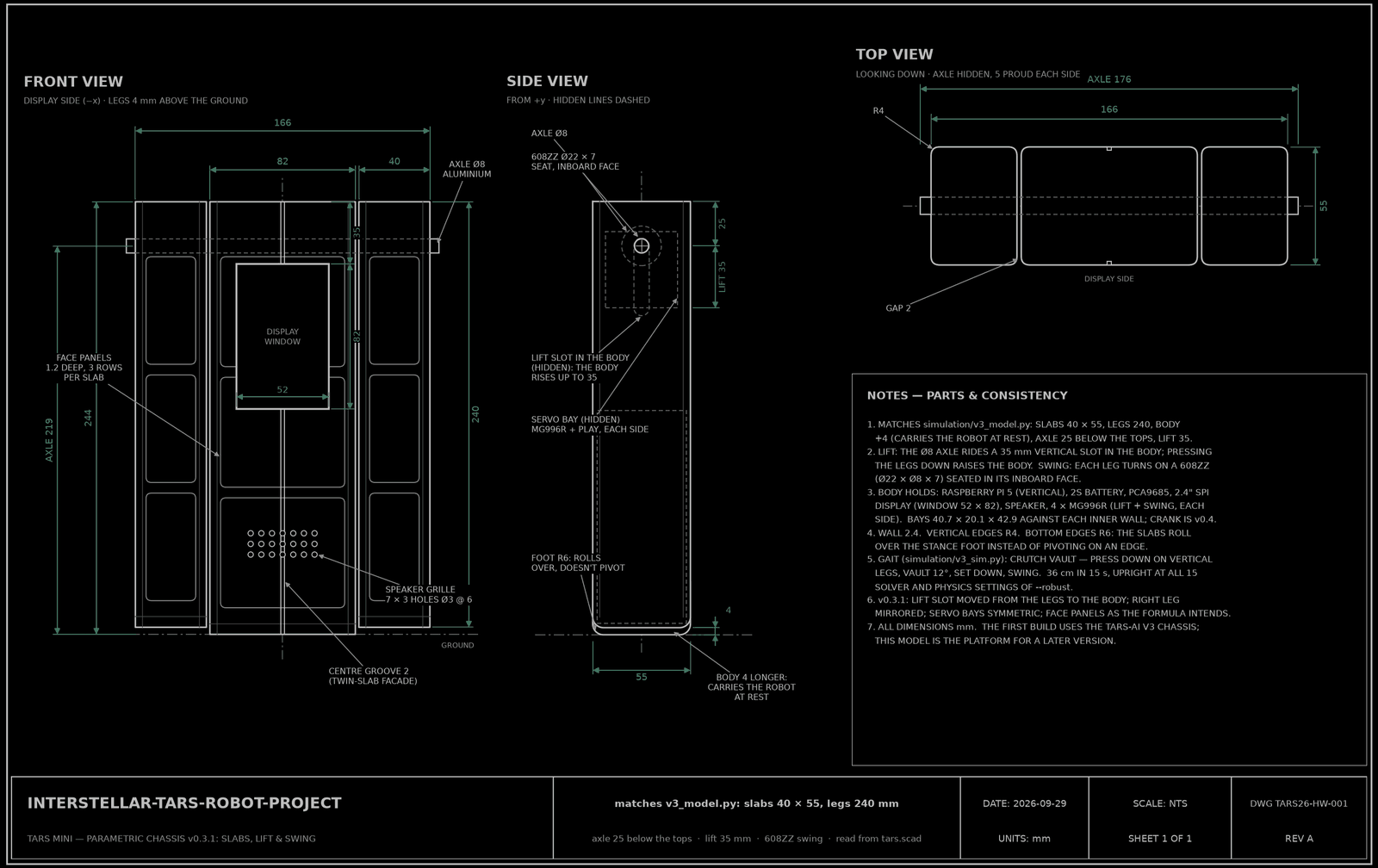 Dimensioned drawing of the TARS chassis: a front view with the 166 mm width, 240 mm legs, 244 mm body, display window and speaker grille; a side view with the 55 mm depth, the axle 25 mm below the tops and the 35 mm lift slot in the body; a top view; and notes